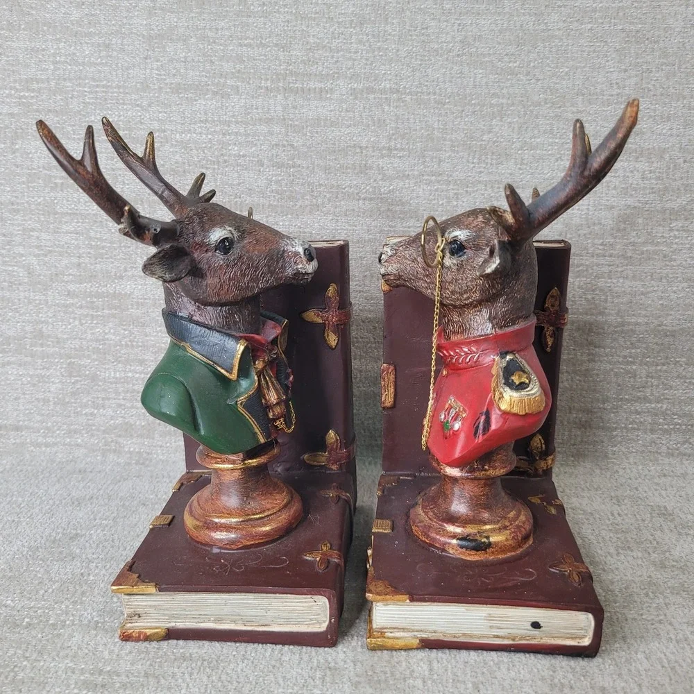 Noble Bookend Set of 2 Stag Deer Busts in Uniform with Monocle Glass Whimsy